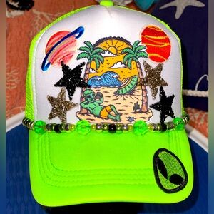 Custom made Trucker hat with hand beaded chain! Coastal Alien outerspace theme!
